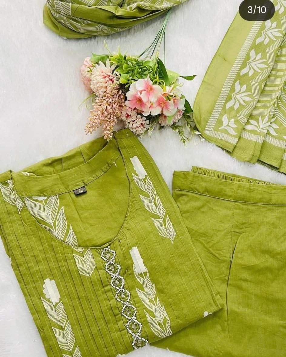 Green Cotton Embroidered Kurti Suit Set with Dupatta